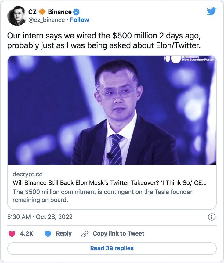 Binance Investerar 500 miljoner dollar i Twitter