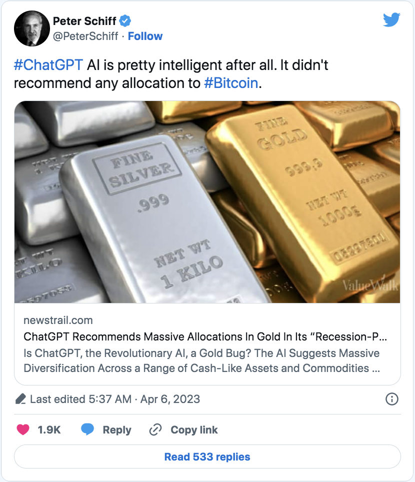 ChatGPT Rekommenderar Ej Bitcoin & Peter Schiff Jublar