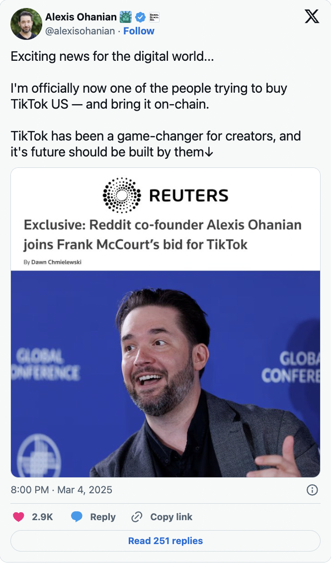 Alexis Ohanian vill köpa TikTok US & lägga på blockchain!