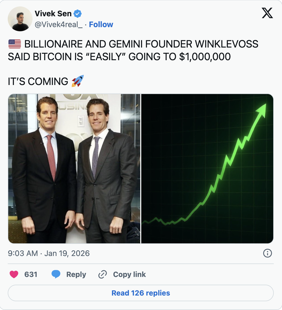 Winklevoss tvillingarna: bitcoin kommer lätt nå 1 miljon dollar...