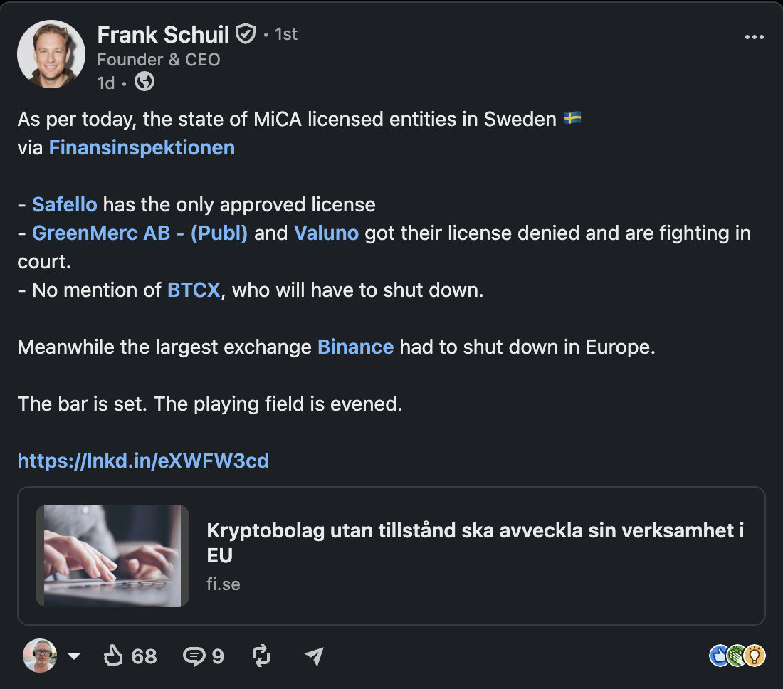 Safellos grundare och VD Frank Shuil gläds åt att BTCX måste stänga ner