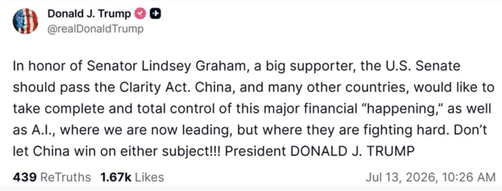Trump pushar senaten att godkänna Clarity Act så att inte Kina vinner...