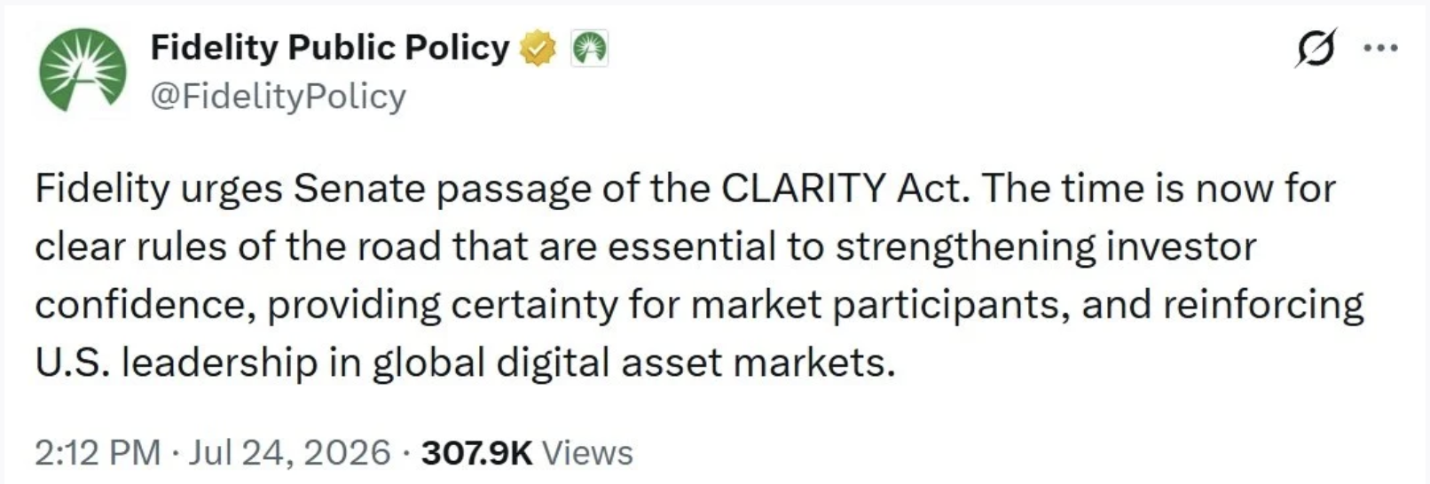 Fidelity uppmanar senaten att godkänna Clarity Act
