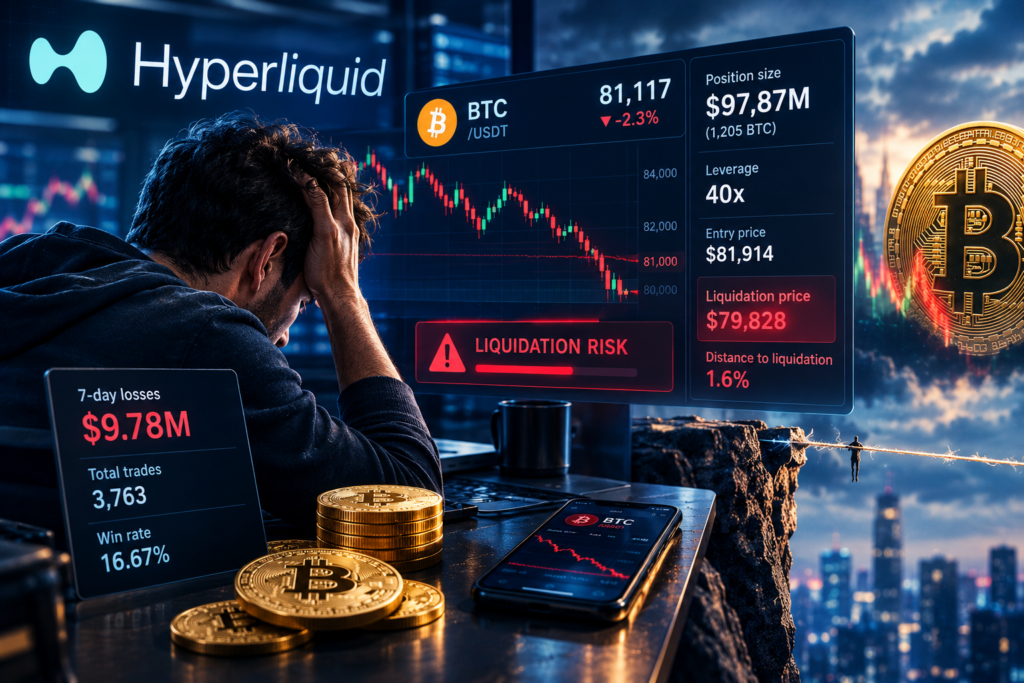 Bitcoin-trader riskerar likvidering av position på Hyperliquid på $98 miljoner